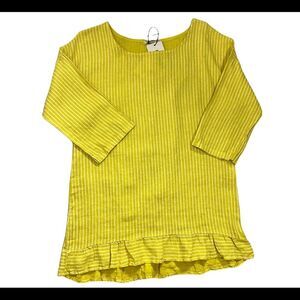 Lungo L’arno Italian Linen Tunic Yellow Striped Ruffle Hem Medium Lagenlook